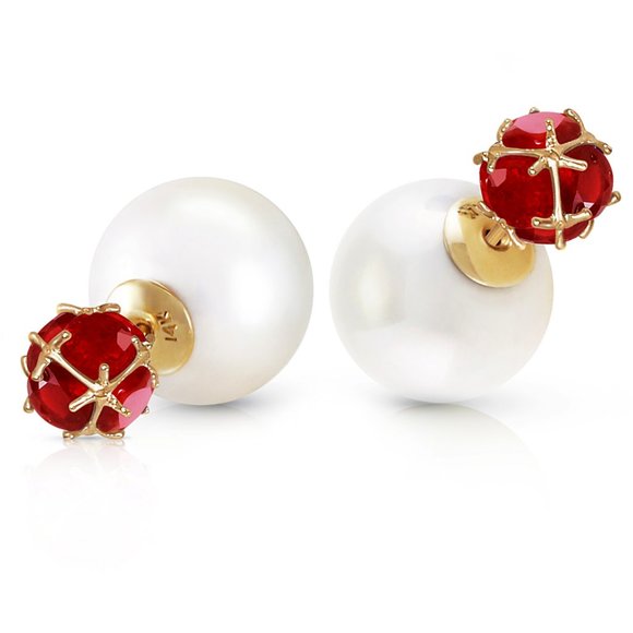 14K. SOLID GOLD TRIBAL DOUBLE SHELL PEARLS AND RUBIES STUD EARRINGS Yellow Gold - Picture 3 of 6